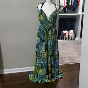 Shein belted tropical print halter maxi dress in sz 12